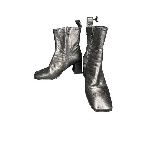 Napoleoni Black Side Zip Square Toe Block Heel‎ Leather Ankle Boots Size 8 - Picture 1 of 8